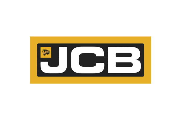 Logo Jcb con lettere Jcb bianche in grassetto su sfondo nero e giallo, dettaglio Jcb giallo in alto a sinistra che simboleggia una qualità ingegneristica robusta e affidabile.