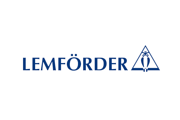 Logo Lemförder in blu con dieresi, gufo stilizzato e martin pescatore, su grigio chiaro: qualità affidabile per raccordi industriali.