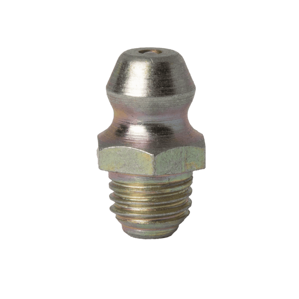 Raccordo idraulico dritto 1/4 X 28 SAE-Lt di alta qualità, acciaio cementato, zincato giallo, base esagonale su sfondo bianco.
