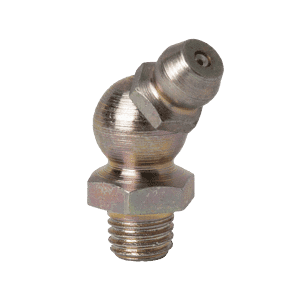 Ingrassatore idraulico SAE-LT 45° 1/4"x28 di alta qualità in acciaio temprato, zincato giallo, base esagonale, su sfondo bianco.