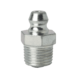 Ingrassatore corto dritto Premium 1/8 x 27 PTF (NPT) con base esagonale, estremità filettata, presentato su sfondo bianco.