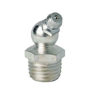 Ingrassatore Zerk PTF 45° da 1/4" x 18 di alta qualità con base filettata e ugello angolato, mostrato isolato su sfondo bianco.