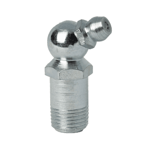 Ingrassatore Premium da 1/8" x 27 BSPT 65˚, lungo 1,25", base filettata, ugello angolato; ideale per sistemi di lubrificazione industriali.