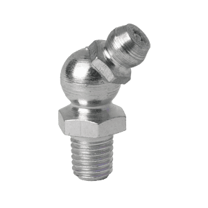 Ingrassatore Premium da 1/4" x 28 SAE-LT con ugello angolato a 45° e base filettata per una lubrificazione efficiente; sfondo bianco.
