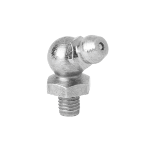 Ingrassatore di alta qualità con attacco da 3/16'' e angolo di 65°, base esagonale ed estremità filettata per lubrificazione industriale, su sfondo bianco.