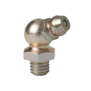 Ingrassatore Premium da 1/4" x 26 BSF 67,5° con base filettata e ugello angolato, isolato su bianco, per uso industriale.