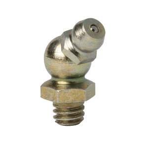 Ingrassatore Premium da 1/4" x 20 BSW 45˚ con base filettata di precisione e ugello angolato su sfondo neutro, ideale per l'industria.