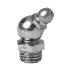 Ingrassatore Premium da 3/8" x 20 BSF a 45˚ con testa sferica e base filettata, ideale per sistemi di lubrificazione industriali.