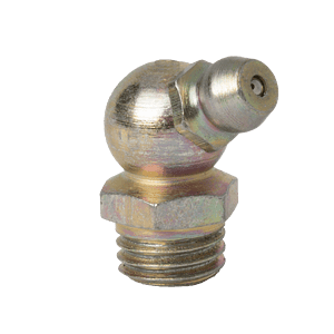 Ingrassatore Zerk Premium da 3/8" x 20 BSF 67,5° con base esagonale e ugello angolato per lubrificazione industriale, isolato su bianco.