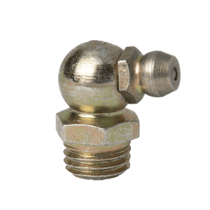 Ingrassatore Premium da 3/8" x 20 BSF a 90˚ con base filettata, ideale per la lubrificazione industriale, visualizzato su sfondo bianco.