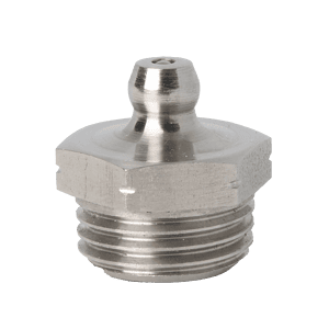 Ingrassatore dritto conico M16 x 1,5 in acciaio inossidabile 316, base esagonale, estremità filettata, parte superiore arrotondata per una lubrificazione precisa.