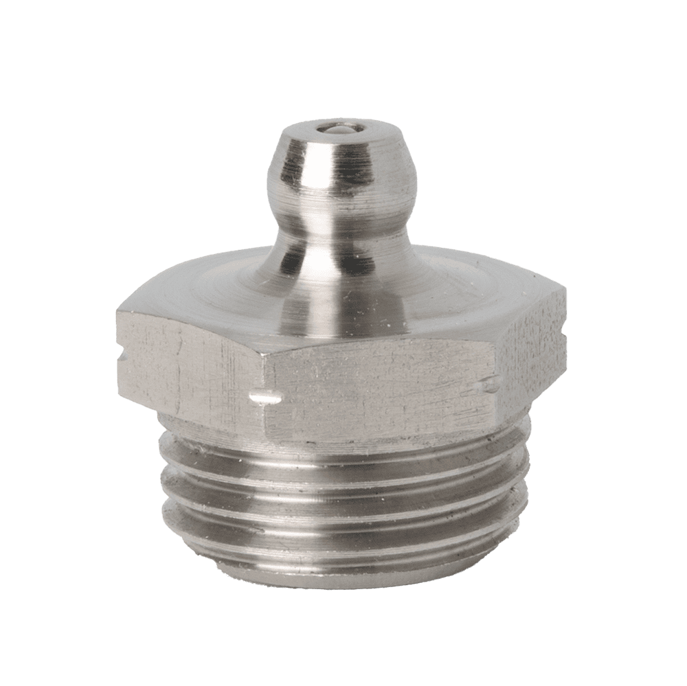 Boquilla de engrase recta cónica M16 x 1,5 en acero inoxidable 316, base hexagonal, extremo roscado y parte superior redondeada para una lubricación precisa.