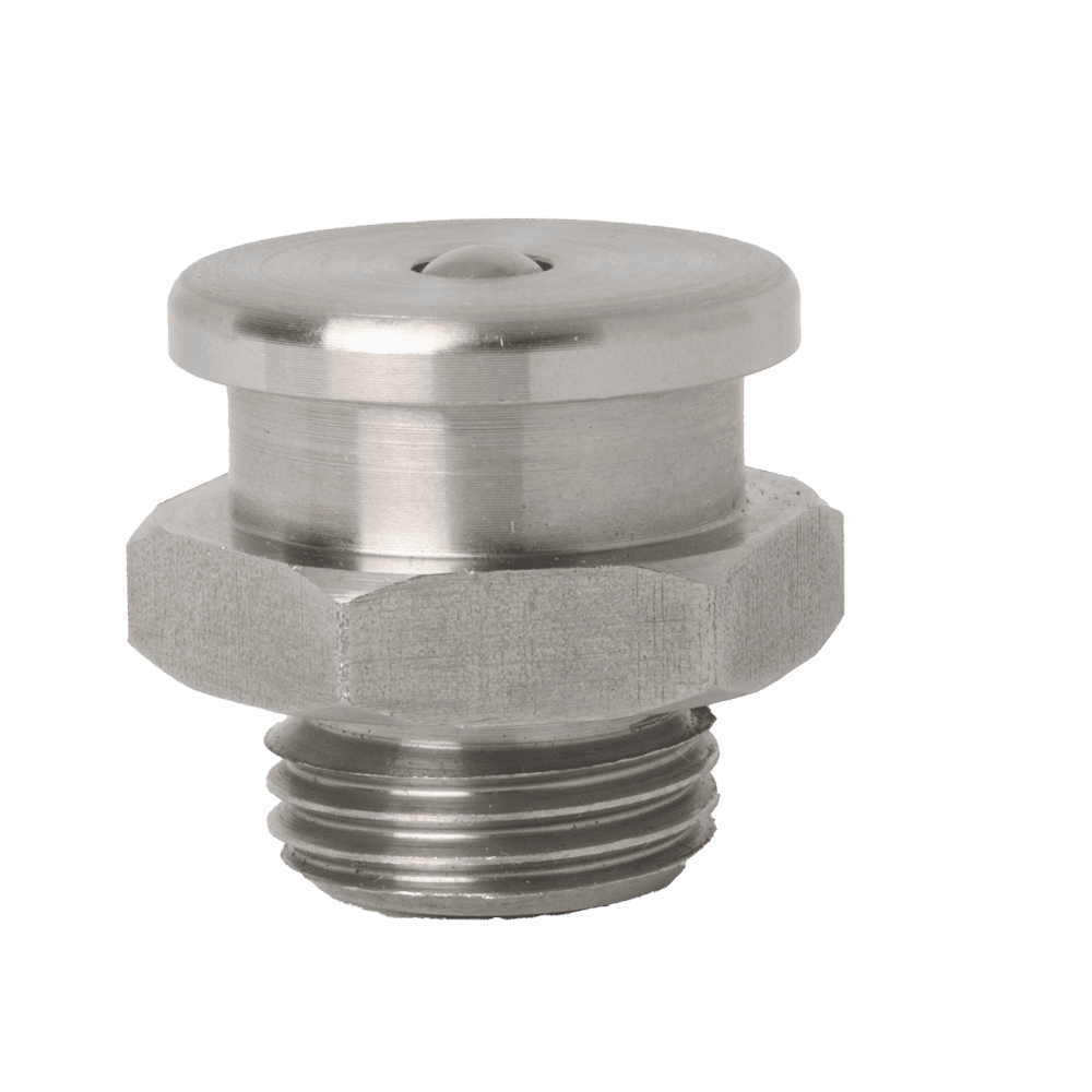 Boquilla de engrase de cabeza de botón M16 x 1,5 22 mm Din3404 de primera calidad en acero inoxidable 316, tornillo hexagonal, pulida, sobre fondo blanco.