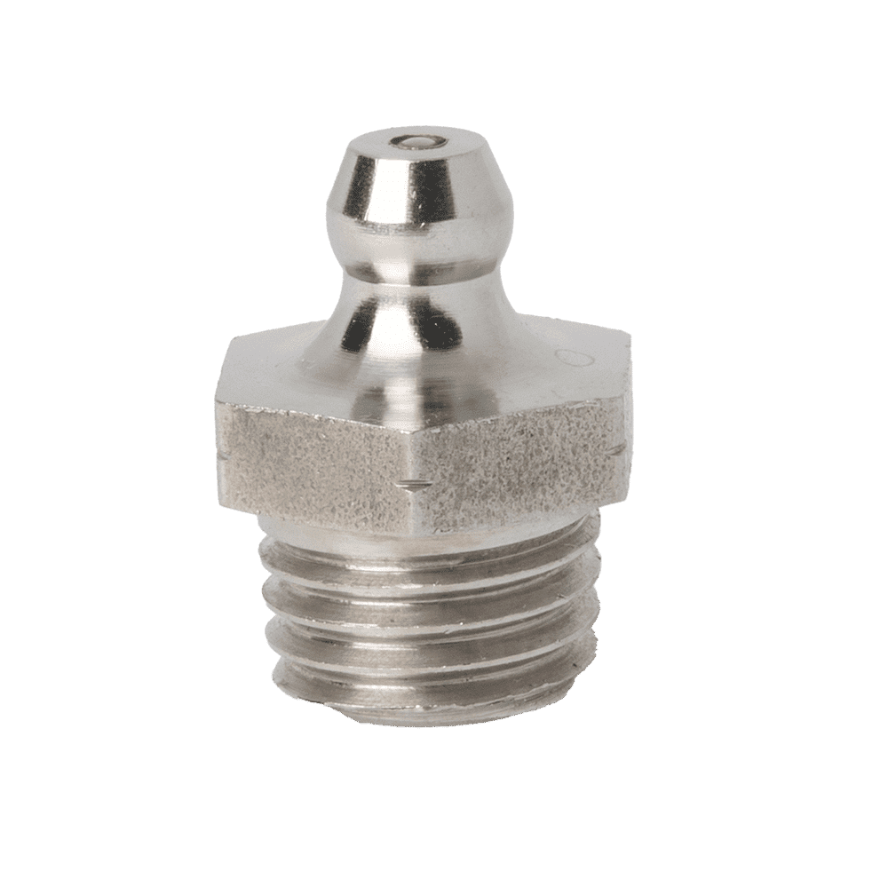 Boquilla de engrase recta cónica Premium M12 x 1,5 en acero inoxidable 316 duradero, base hexagonal y rosca: ideal para lubricación industrial.