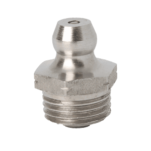 Ingrassatore dritto conico M10 x 1 di alta qualità in acciaio inossidabile 316 con base esagonale ed estremità filettata per una lubrificazione precisa.