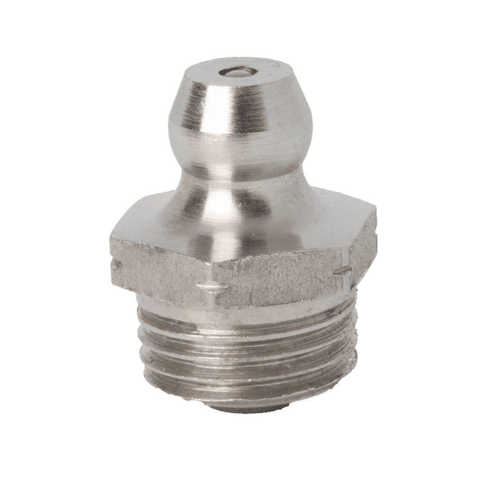 Boquilla de engrase cónica recta M10 X 1 de primera calidad en acero inoxidable 316 con base hexagonal y extremo roscado para una lubricación precisa.