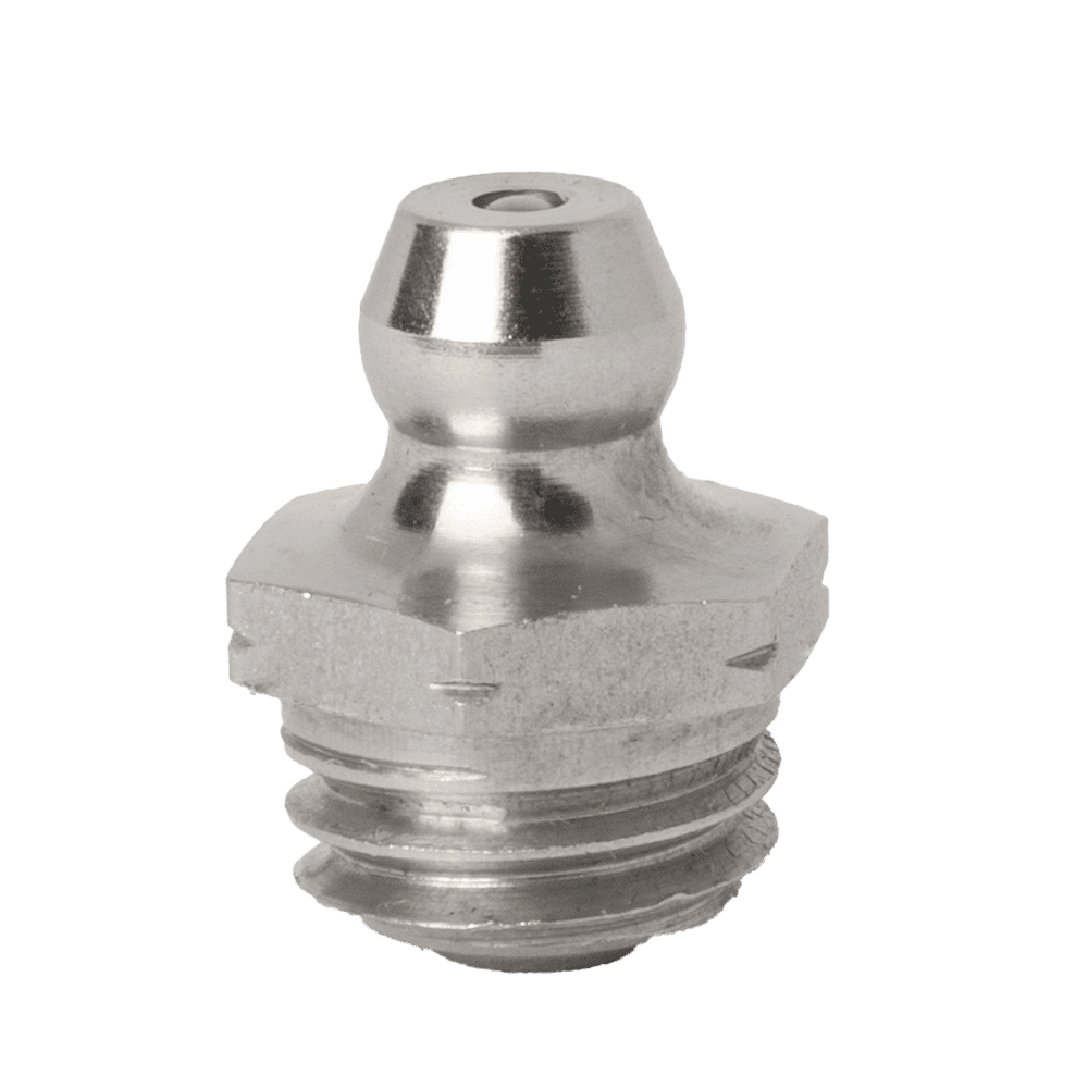 Boquilla de engrase recta cónica M10 x 1,5 de alta calidad en acero inoxidable 316, con roscas de precisión y un puerto de engrase redondeado.