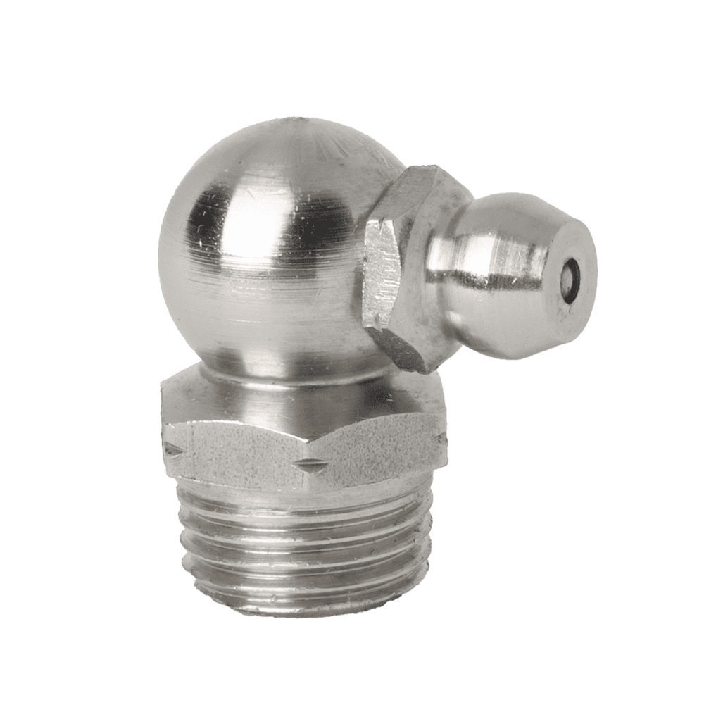 Boquilla de engrase cónica M10X1 de 90° de alta calidad en acero inoxidable 316 duradero, que muestra parte superior esférica, tuerca hexagonal y rosca.
