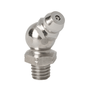Ingrassatore conico M6 x 1 a 45˚ in acciaio inossidabile 316 di alta qualità con base filettata, ugello angolato di precisione su sfondo bianco.
