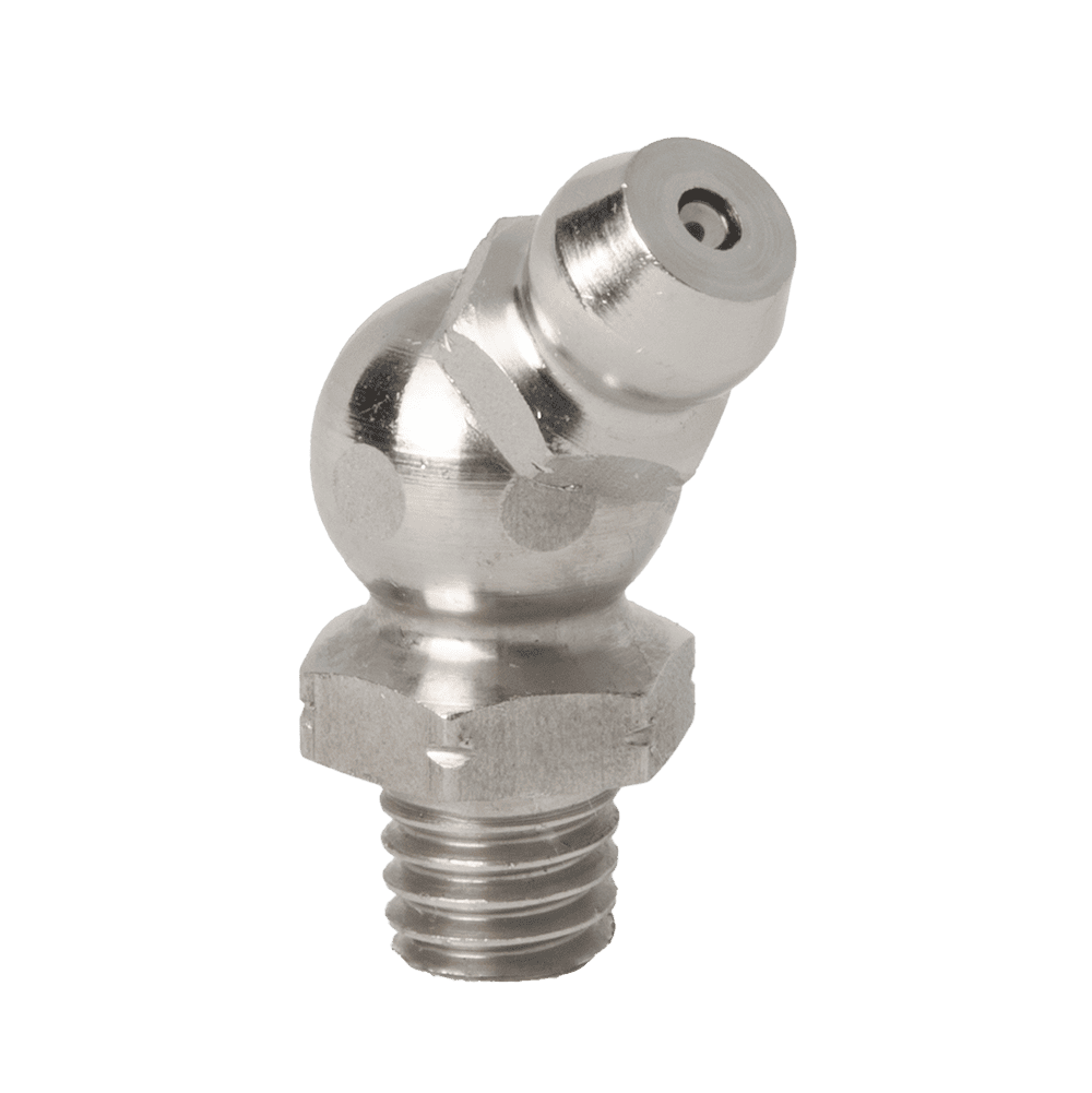Boquilla de engrase de acero inoxidable 316 de primera calidad, con cono M6 x 1 de 45˚ y base roscada, boquilla en ángulo de precisión sobre fondo blanco.