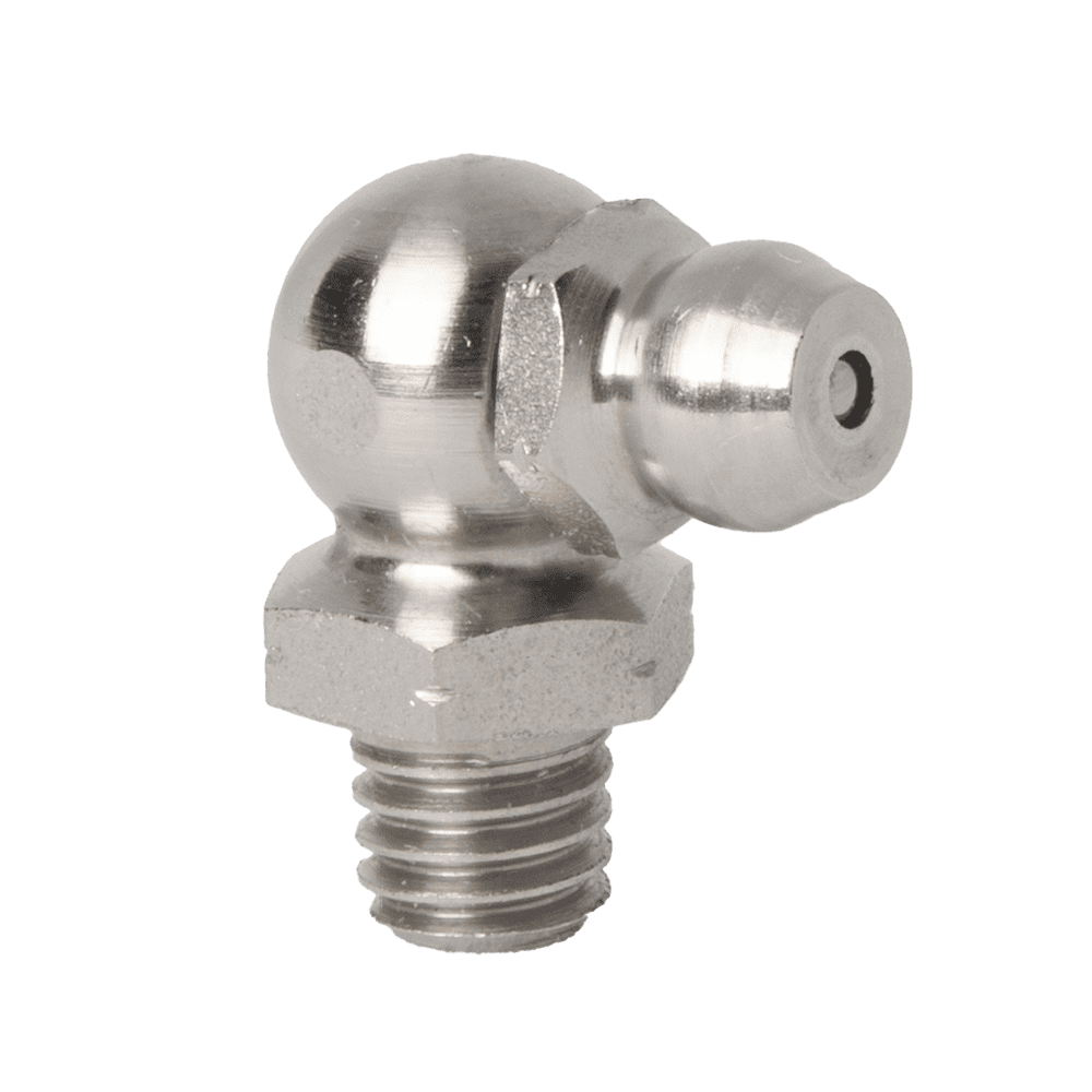 Boquilla de engrase cónica M6 x 1 de 90° de alta calidad (316 Ss, A4) con base hexagonal y punta esférica, ideal para sistemas de lubricación industrial.