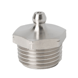 Ingrassatore dritto in acciaio inossidabile PTF Premium da 1/2" x 14, testa esagonale, base filettata, parte superiore liscia con ugello centrale di precisione.