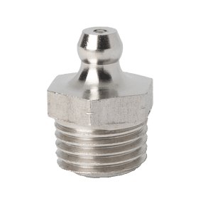 Ingrassatore dritto PTF Premium da 1/4" x 18 in resistente acciaio inossidabile 316 con base esagonale, corpo filettato, nipplo arrotondato.