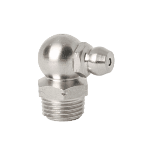 Ingrassatore Premium in acciaio inox da 1/8" x 28 BSPT (R1/8") a 90° con base esagonale e ugello, su sfondo bianco.