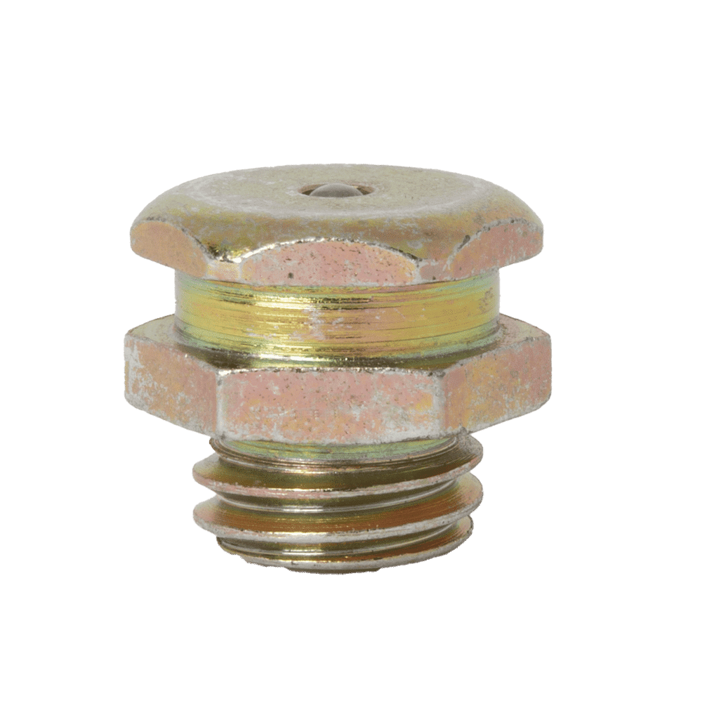 High-Quality M12 X 1.75 British Button Head Plug With Hex Body, Threaded Base, And Flat Slotted Head On White Background.