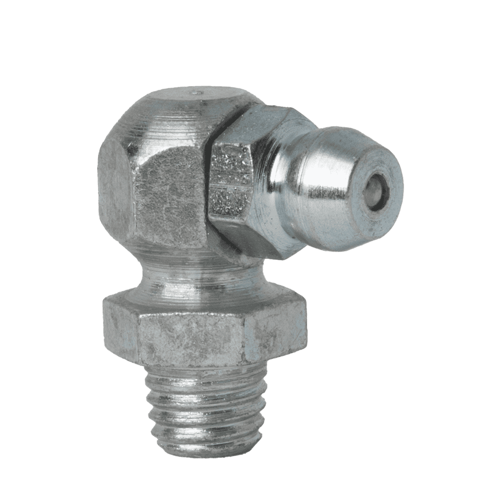High-Quality 1/4'' X 28 Self-Forming 90˚ Grease Nipple With Threaded Base And Angled Nozzle For Precise Industrial Lubrication.