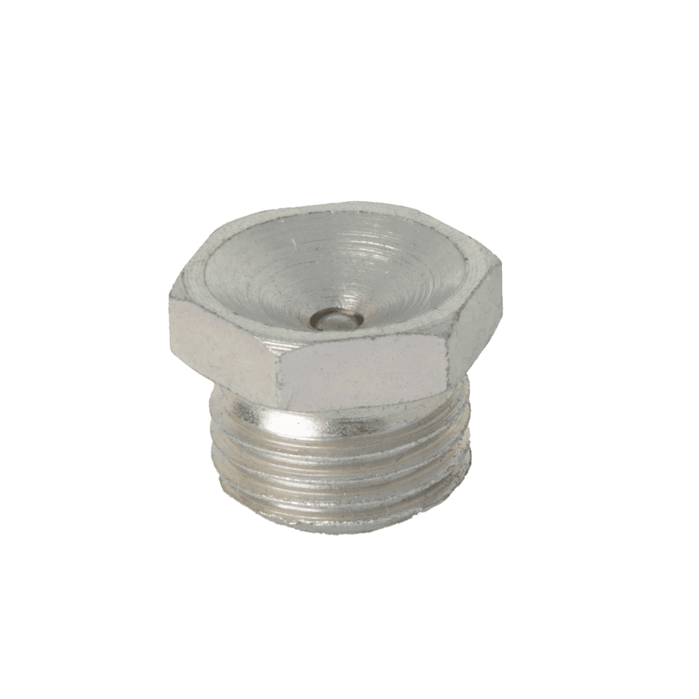 תקע משושה איכותי M10 X 1 כוס מסוג Din 3405, מהונדס בדיוק רב עבור פטמות גריז, מפורט על רקע לבן.