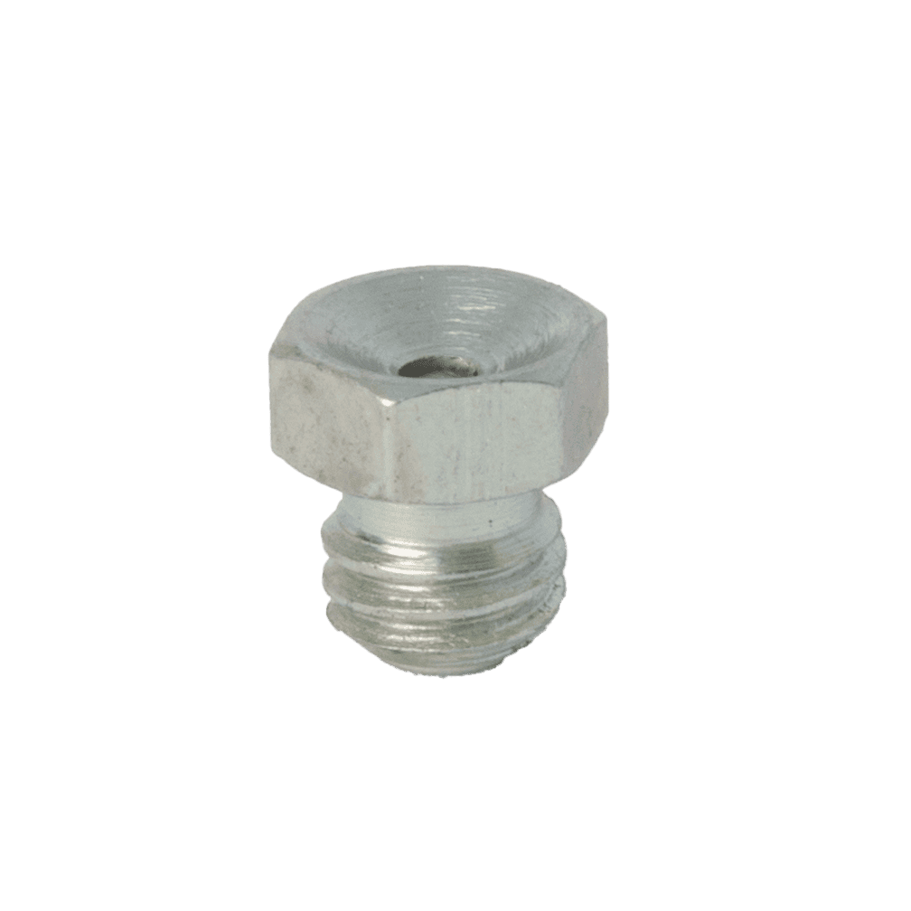 תקריב מקצועי של בורג משושה כסוף M6 X 1 מסוג Din 3405 עבור פטמות גריז, עם הברגה, על רקע לבן.