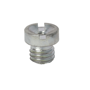 Primo piano dell'inserto M6 x 1 Cup Type con fessura per cacciavite, testa piatta e corpo filettato per raccordi industriali su sfondo bianco.