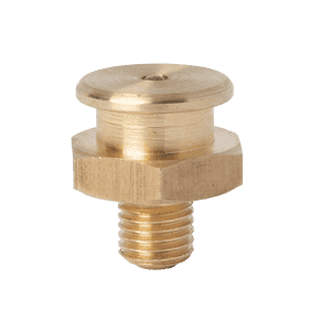 M8 x 1 16mm DIN 3404 Ugello in ottone a testa bombata con base esagonale ed estremità filettata, ideale per raccordi industriali, su sfondo bianco.