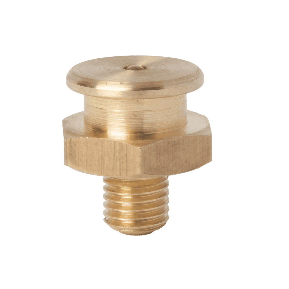 M8 x 1, 16 mm DIN 3404-Messingdüse mit Rundkopf, Sechskantsockel und Gewindeende, ideal für Industriearmaturen, auf weißem Hintergrund.