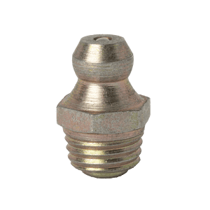 Ingrassatore Zerk dritto di alta qualità M8 x 1 con filettatura conica, base filettata e parte superiore arrotondata, isolato su bianco.