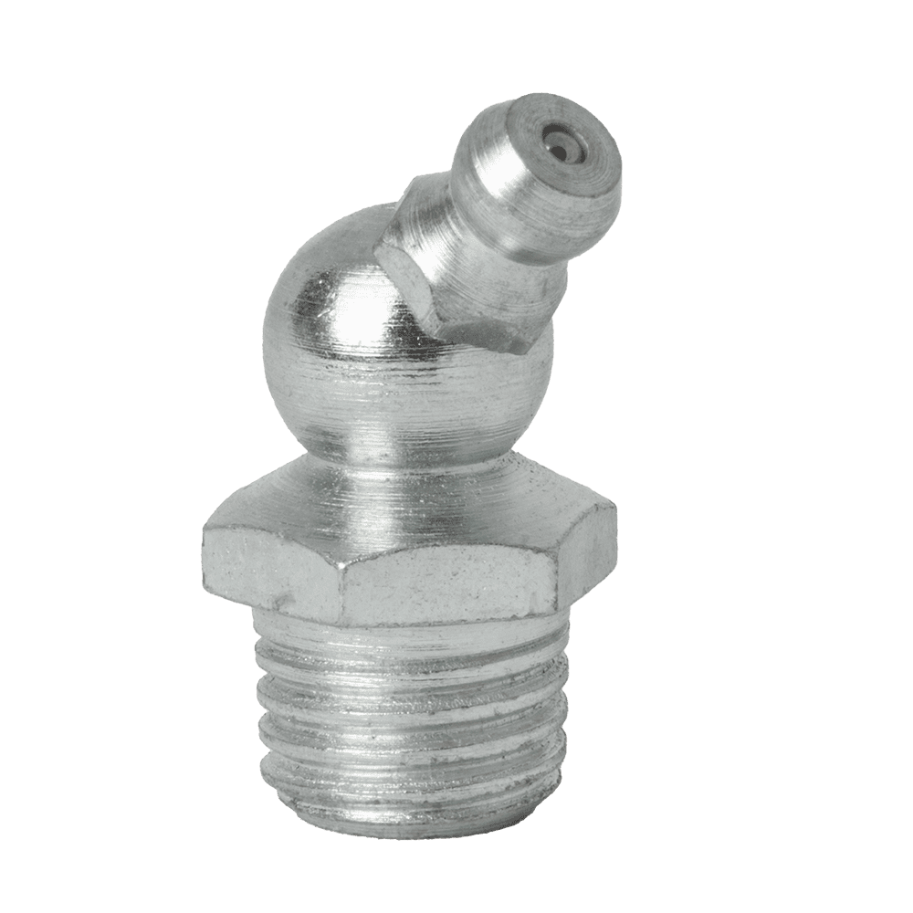 Close-Up Of Premium M12 X 1.5 Taper 45˚ Grease Nipple, Threaded Base, Angled Nozzle—Ideal For Industrial Lubrication Needs.