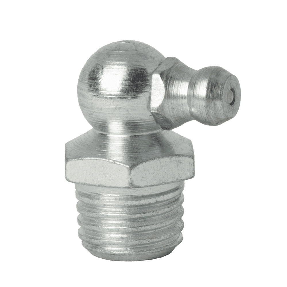 High-Quality M12 X 1.5 Taper 90˚ Grease Nipple With Threaded Base, Ideal For Industrial Lubrication; Shown On White Background.