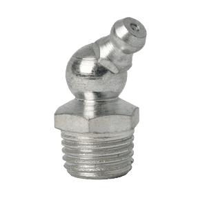 Ingrassatore Zerk Premium da 1/4" x 19 BSPT (R1/4") a 45° con base filettata e ugello angolato, mostrato su sfondo bianco.