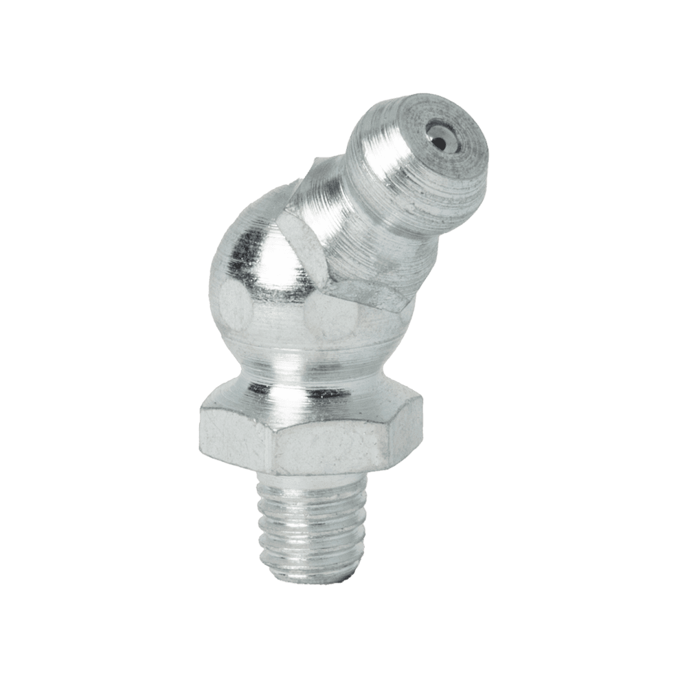 High-Quality M5 X 0.8 Taper 45˚ Grease Nipple With Silver Angled Head And Threaded Base, Ideal For Industrial Lubrication Systems.