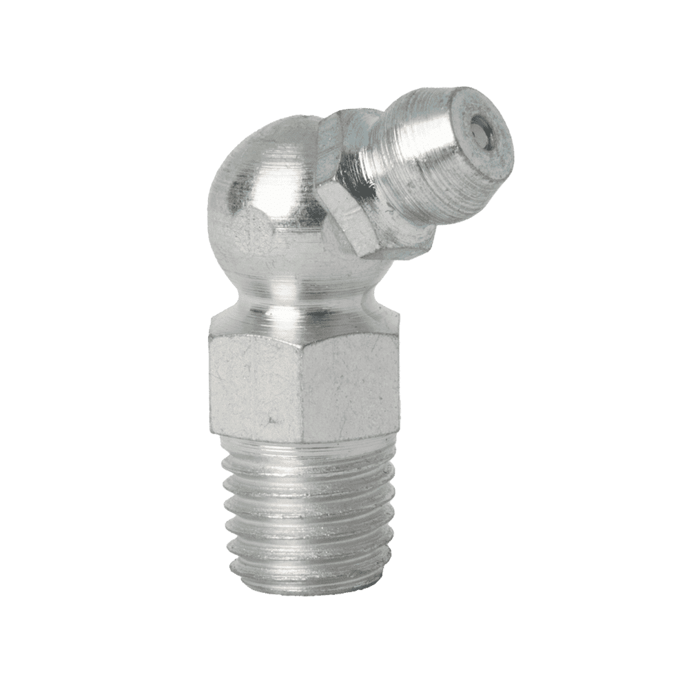 Premium M8 X 1 Taper Long 67.5˚ Silver Zerk Fitting With Hex Base And Threads, Ideal For Precise Industrial Machinery Lubrication.