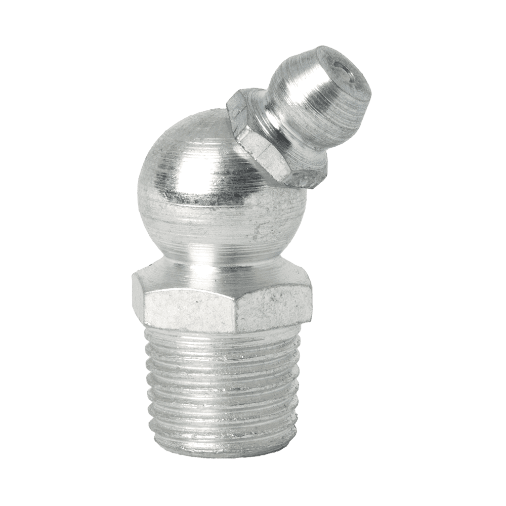 High-Quality M10 X 1 Taper Long 45˚ Grease Nipple With Threaded Base And Angled Nozzle, Ideal For Precision Lubrication Requirements.