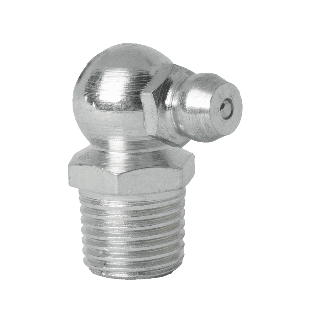 Premium M10 X 1 Taper Long 90° Grease Nipple With Hex Base, Ideal For Industrial Lubrication; Isolated On White Background.