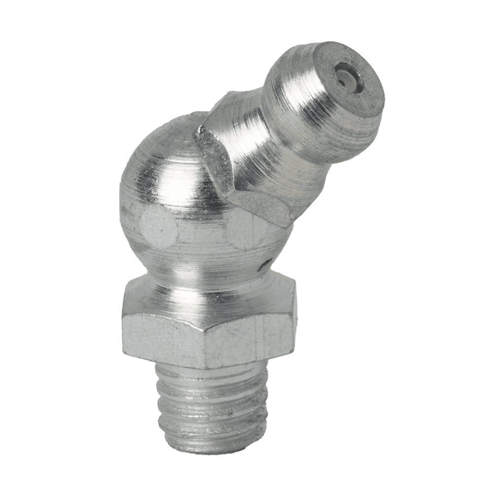 High-Quality M6 X 1 Taper 45˚ Grease Nipple With Threaded Base And Angled Nozzle For Precision Machinery Lubrication.
