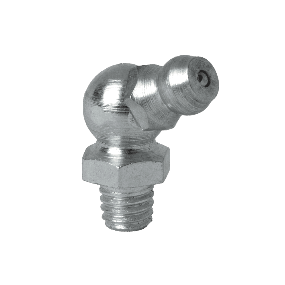 High-Quality M6 X 1 Taper 67.5˚ Silver Grease Nipple With Hex Base, Threaded End, And Angled Nozzle On White Background.