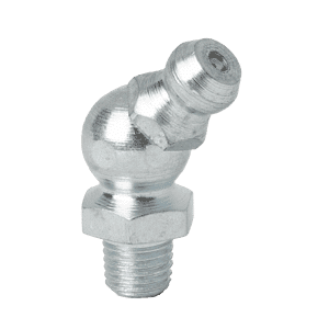 Ingrassatore conico M6 x 0,75 di alta qualità a 45°, base filettata, ugello angolato, su bianco: ideale per clienti industriali.