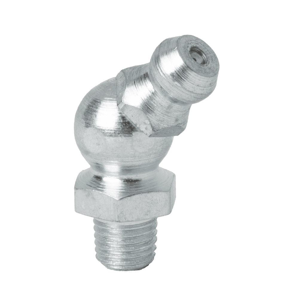 High-Quality M6 X 0.75 Taper 45° Grease Nipple, Threaded Base, Angled Nozzle, On White—Ideal For Industrial Clients.
