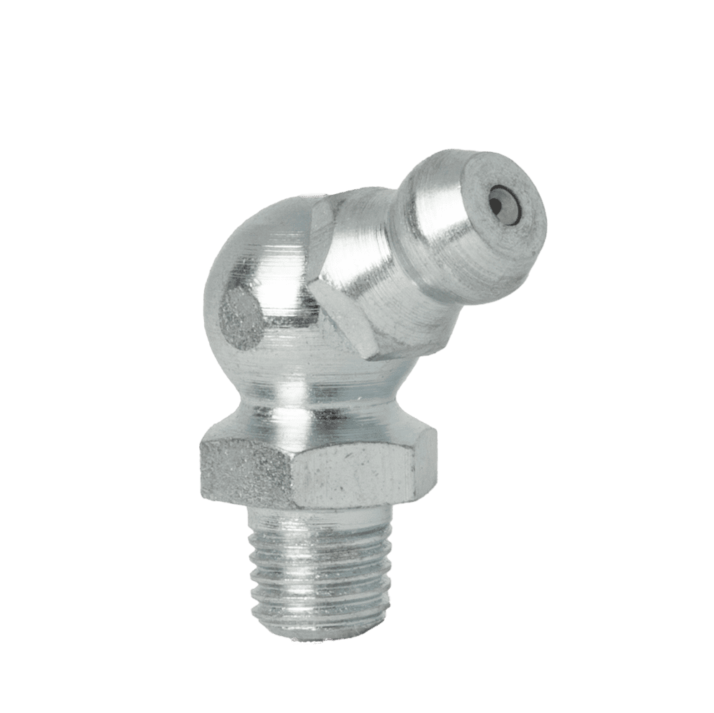 High-Quality M6 X 0.75 Taper 67.5˚ Grease Nipple With Threaded Base And Angled Nozzle, Isolated On White Background.