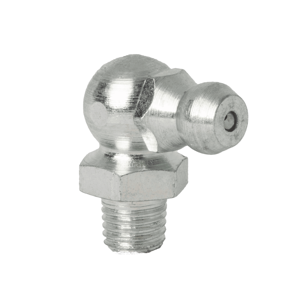 Premium M6 X 0.75 Taper 90˚ Grease Nipple, Silver Hex-Base Design, Precision Threads, Shown On White—Ideal For Industrial Use.