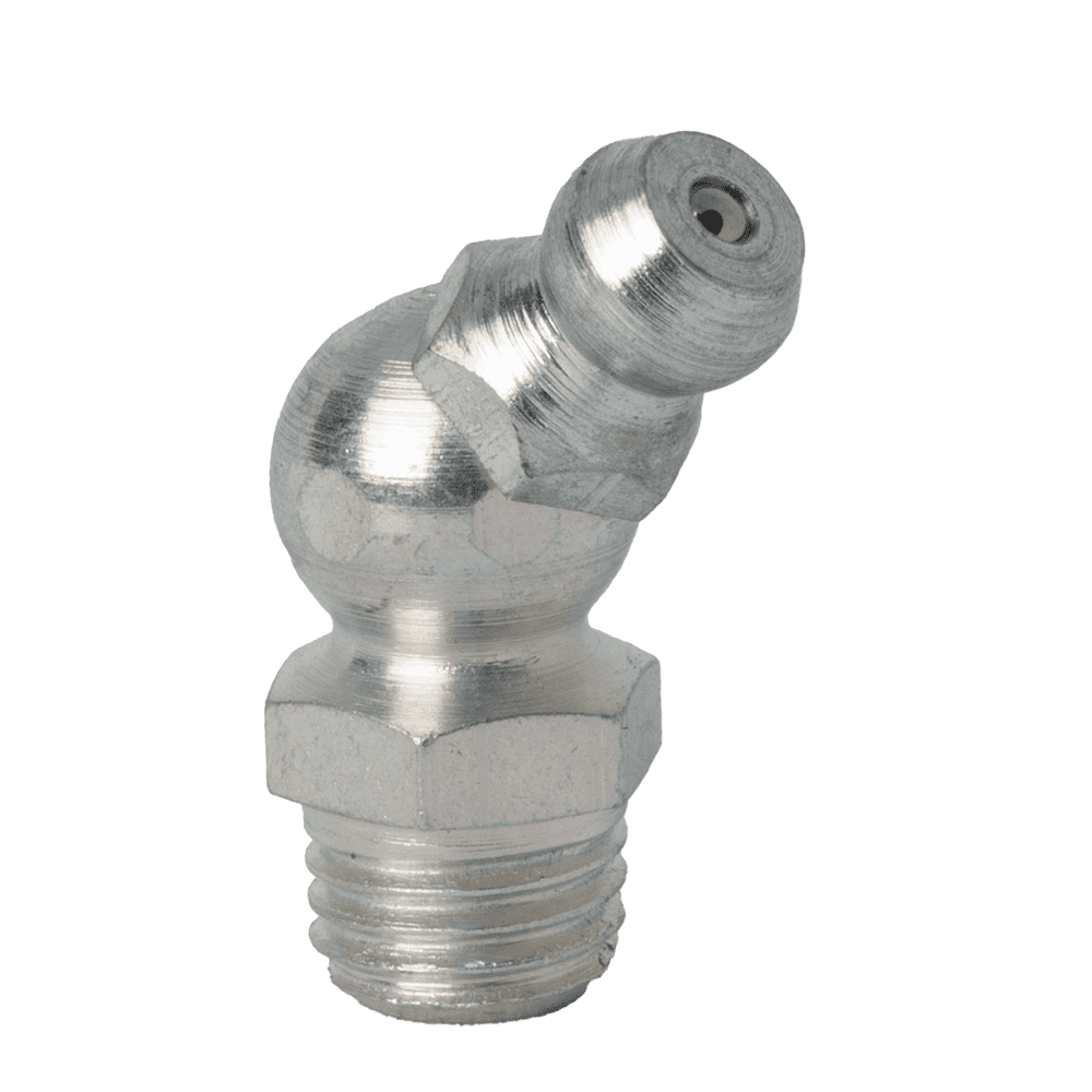 High-Quality M8 X 1 Taper 45° Grease Nipple With Threaded End And Angled Head, Showcased On A White Background.